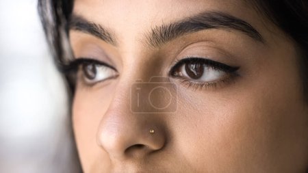Téléchargez les photos : Yeux bruns de jeune femme indienne des années 20 avec eye-liner et mascara sur cils extensibles. Coupé de visage. Soins de beauté modèle féminin avec maquillage, sourcils en forme, goujon nasal. Plan de bannière - en image libre de droit