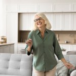 Joyful excited blonde senior woman in glasses enjoying motion, music, party, dancing in living room with closed eyes, laughing. Retired dancer lady relaxing in home interior