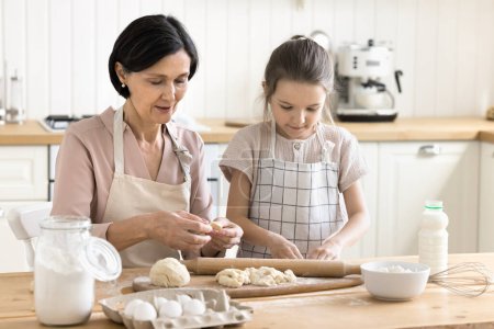 Téléchargez les photos : Aimer les années 60 mamie enseigner mignonne petite-fille à cuisiner, faire des pâtisseries à partir de pâte maison dans la cuisine, partager les compétences, les connaissances avec la jeune génération, cuisson, cuisson ensemble gâteau recette familiale - en image libre de droit