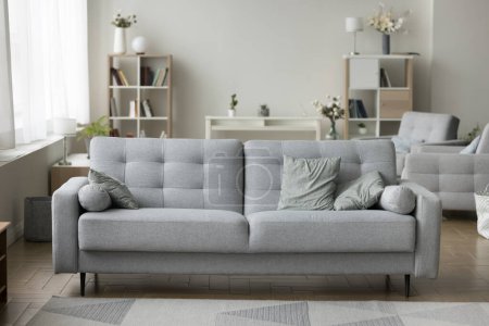 Photo for Stylish Scandinavian interior with decoration in pale colors. Modern living room with no people, cozy apartment with comfortable sofa, trendy furniture, bookshelves, armchairs in background - Royalty Free Image