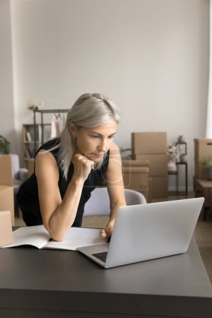 Photo for Focused busy business woman working on Internet store startup, using laptop computer in small storage place with boxes, typing, touching chin, thinking, reading, watching online content - Royalty Free Image