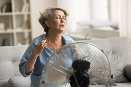 Téléchargez les photos : Échappement femme âgée à la retraite assise au ventilateur électrique avec hélice, profitant d'un flux d'air frais frais, se sentant soulagée, assise sur le canapé de la maison, souffrant de temps chaud, surchauffe - en image libre de droit