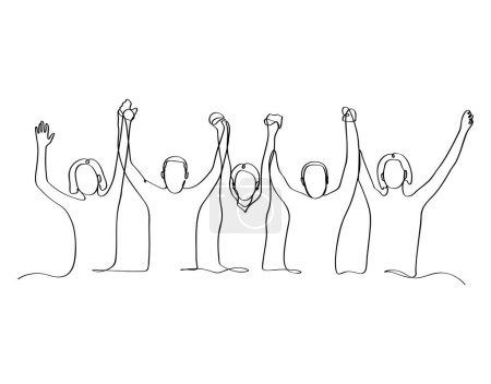 Téléchargez les photos : Groupe dessiné à la main de personnes se tenant la main levant dans les airs célébrant les arts de la ligne continue - en image libre de droit