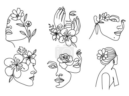 Téléchargez les photos : Femmes avec des fleurs tête féminine ligne art - en image libre de droit