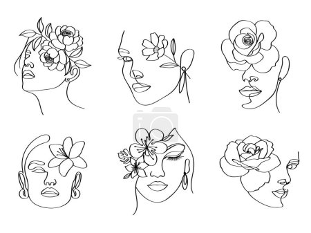 Téléchargez les photos : Femmes tête fleurs femmes visages élégant ligne art - en image libre de droit