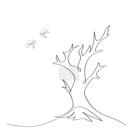 Téléchargez les photos : Continue ligne art dessin arbre et oiseaux art - en image libre de droit