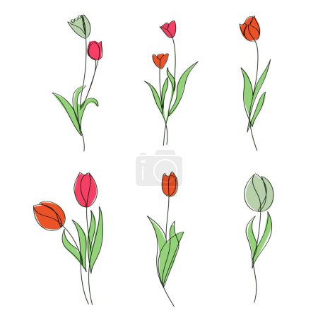 Téléchargez les photos : Main dessiné lumineux fleurs de tulipe élégant une ligne art - en image libre de droit
