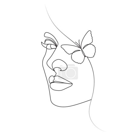 Téléchargez les photos : Tête de femme avec des yeux de papillon linéaire élégant une ligne art - en image libre de droit