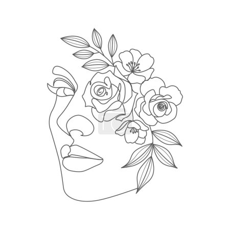 Téléchargez les photos : Femme tête et les yeux avec des fleurs linéaire élégant ligne art - en image libre de droit