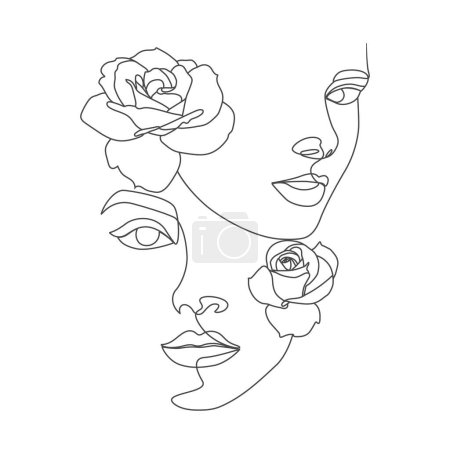 Téléchargez les photos : Femmes yeux et tête avec des fleurs dessin ligne illustration d'art - en image libre de droit