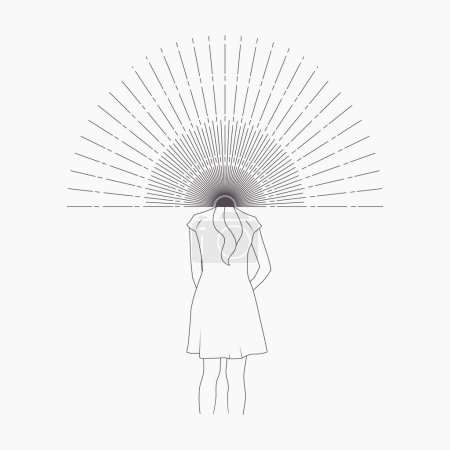 Téléchargez les photos : Tête de femme avec lever de soleil femelle pouvoir symbole ligne élégante dessin - en image libre de droit