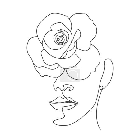 Téléchargez les photos : Tête féminine avec fleurs dessin linéaire rose illustration minimaliste - en image libre de droit