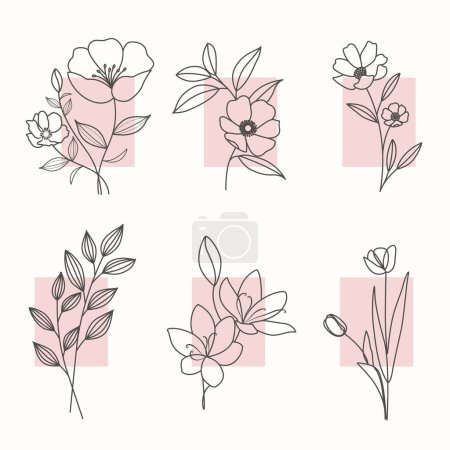 Téléchargez les photos : Fleurs et feuilles doodle ligne illustration - en image libre de droit