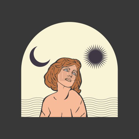 Téléchargez les photos : Vintage rétro ligne art femme boho soleil et lune fond illustration - en image libre de droit