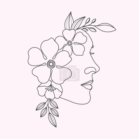 Téléchargez les photos : Tête de femme linéaire dessinée à la main avec des fleurs illustration - en image libre de droit