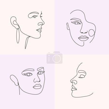 Téléchargez les photos : Femmes visages ligne art collection abstrait ligne dessin belle fille féminin visage illustration - en image libre de droit