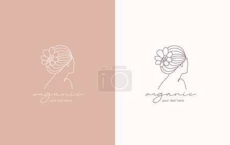 Téléchargez les photos : Vue latérale fleur tête femme salon de beauté coiffure féminine logo ligne illustration - en image libre de droit