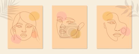 Illustration for Beautiful woman face line drawing poster set collection - Royalty Free Image
