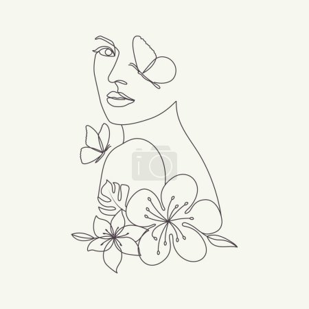 Téléchargez les photos : Belle tête de femme avec des papillons et des fleurs élégante illustration ligne - en image libre de droit