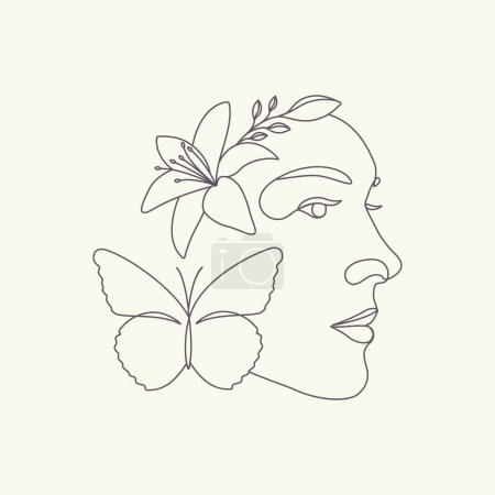 Téléchargez les photos : Tête de femme dessinée à la main avec papillon et fleur beauté visage illustration ligne minimale - en image libre de droit