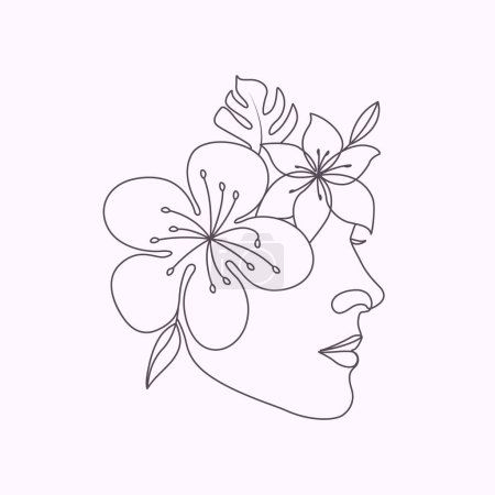 Téléchargez les photos : Tête de femme dessinée à la main avec des fleurs beauté florale visage élégant ligne minimale illustration - en image libre de droit