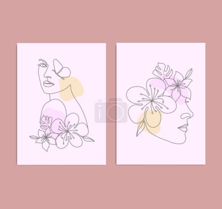 Téléchargez les photos : Femme dessinée à la main avec des fleurs et des papillons affiche art élégant ligne art style - en image libre de droit