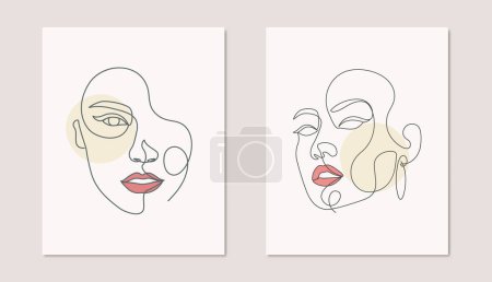 Téléchargez les photos : Salon de beauté femme visage abstrait fille de mode une ligne affiche d'art ensemble - en image libre de droit