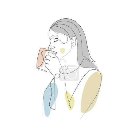 Téléchargez les photos : Femme avec café mag thé tasse élégante ligne illustration dessin - en image libre de droit