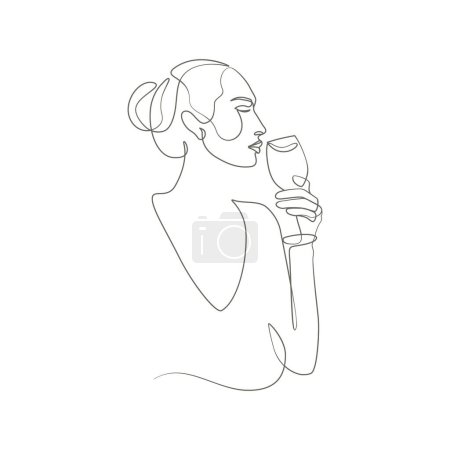Téléchargez les photos : Femme boire du vin continue illustration ligne - en image libre de droit