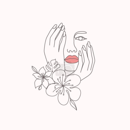 Téléchargez les photos : Fleurs femme abstrait visage féminin avec des fleurs ligne illustration - en image libre de droit