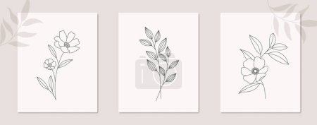 Téléchargez les photos : Fleurs et feuilles plantes ligne art dessin affiche naturelle mur art toile - en image libre de droit