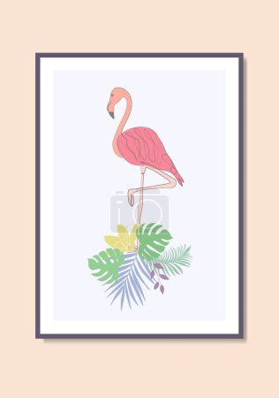 Téléchargez les photos : Flamant rose et feuilles tropicales monstera ligne dessin mur art imprimé toile affiche illustration - en image libre de droit