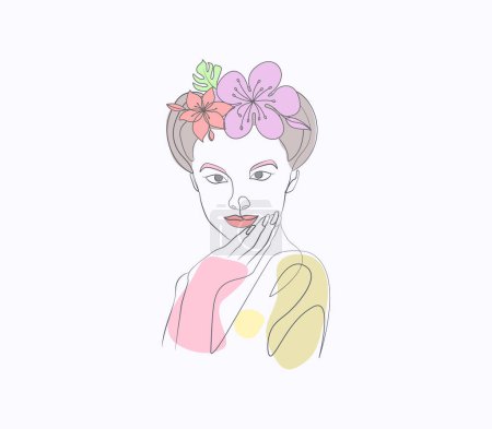 Téléchargez les photos : Dessin ligne art floral femme visage fille ligne art avec la main et la figure - en image libre de droit