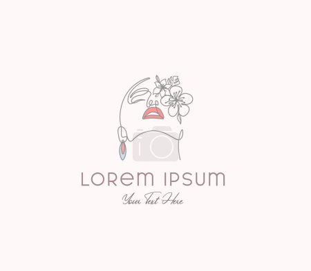 Téléchargez les photos : Ligne Dessin Visage Féminin Levant Minimaliste Simple Cerise Fleurs Femme Mode Féminin Logo Design - en image libre de droit