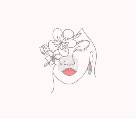 Téléchargez les photos : Dessin de ligne de visage féminin Minimaliste Fleur de cerise Oeuvre d'art féminin - en image libre de droit