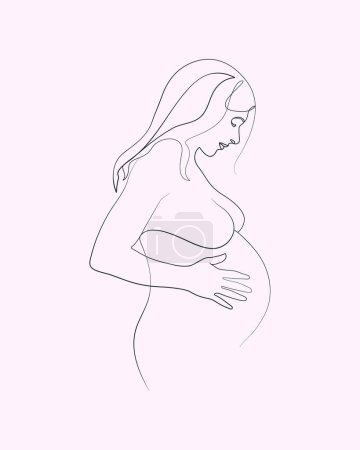 Téléchargez les photos : Jeune femme enceinte figure et ventre ligne unique art illustration minimale - en image libre de droit