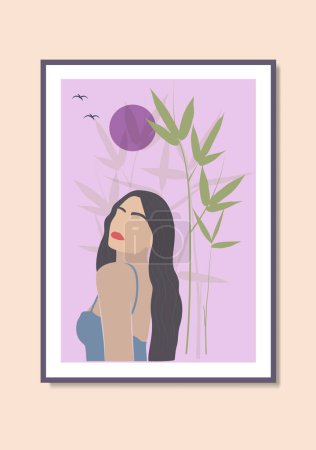 Téléchargez les photos : Abstrait bambou plantes feuilles et arbre élégant portrait féminin clair de lune affiche naturelle mur illustration - en image libre de droit