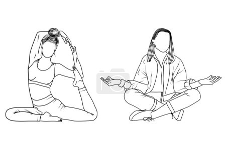 Téléchargez les photos : Femmes yoga pose contour élégant ligne art dessin illustration. - en image libre de droit