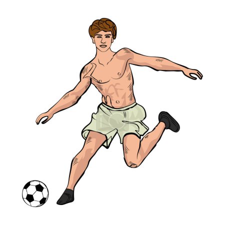 Téléchargez les photos : Jeune footballeur passant footballeur garçon jouant football vintage illustration rétro - en image libre de droit