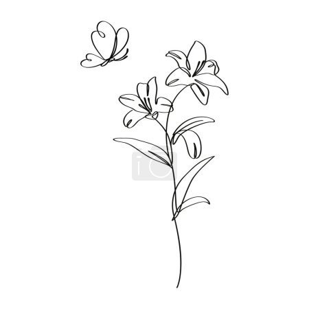 Lilium flowers with butterflies continues line art drawing illustration.