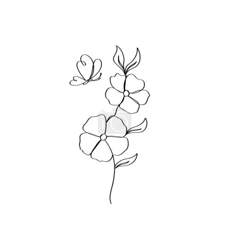 Blooming petal of flowers branch with butterfly continues line artwork illustration.