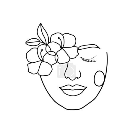 Téléchargez les photos : Femme visage avec des fleurs belle fille fermer les yeux dessin linéaire. minimaliste floral chaleur décoratif féminin illustration élégante ligne art illustration. - en image libre de droit