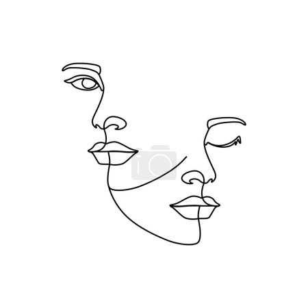 Téléchargez les photos : Femmes visages salon de beauté soins de la peau icône femmes yeux ouverts et les yeux fermés ligne continue minimaliste illustration d'art linéaire. - en image libre de droit