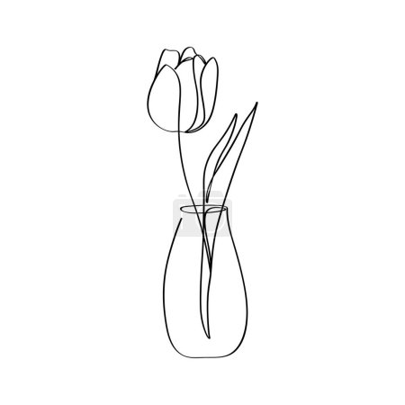 Téléchargez les photos : Art de ligne unique de tulipe dans un pot d'eau décoration de maison Clip art isolé sur l'élégance illustration minimaliste. - en image libre de droit