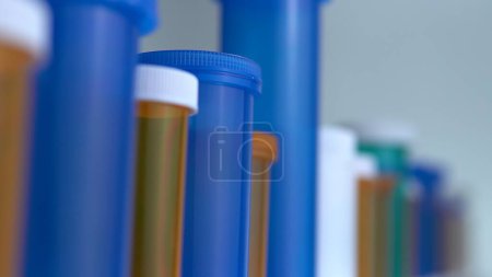Photo for Concept of world pharmaceutical medical research, trials and developing coronavirus drugs or vaccines. Hydroxychloroquine or chloroquine covid-19 bottles pills in medical lab macro view. - Royalty Free Image