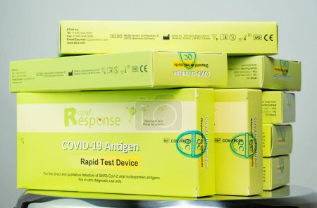 Photo for Toronto, Ontario, Canada - December 26, 2022: Rapid Response Covid 19 Antigen rapid test device. For the direct and qualitative detection of SARS-Cov-2 viral nucleoprotein antigens. - Royalty Free Image