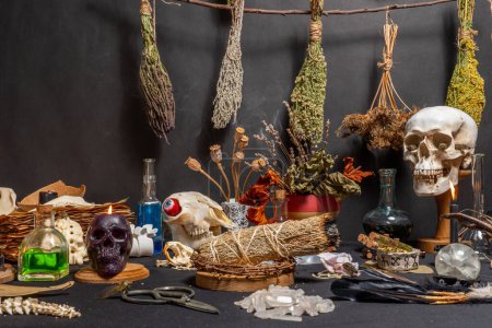 Photo for Witchcraft ritual ceremony. Alchemy and esoteric symbol items for magic cult. Spiritual occultism magic chemistry inspired by mysticism. Witch and warlock magician concept. Halloween craft. - Royalty Free Image