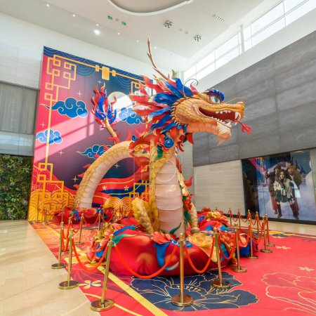 Photo for Chinese New Year 2024 modern art installation of the Dragon Chinese zodiac in Yorkdale Shopping Centre. Lunar New Year and the Year of the Dragon: Toronto, Ontario, Canada. February 6, 2024. - Royalty Free Image