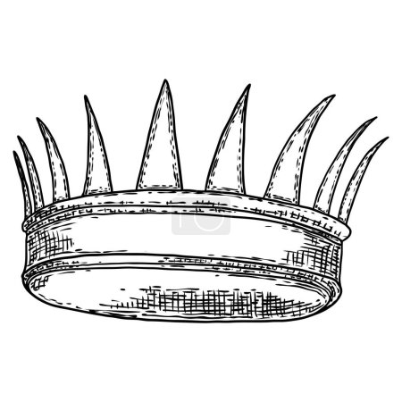 Dessin haute gravure détaillée de la couronne avec des bijoux. Le couronnement du roi. Illustration vectorielle dessinée main.