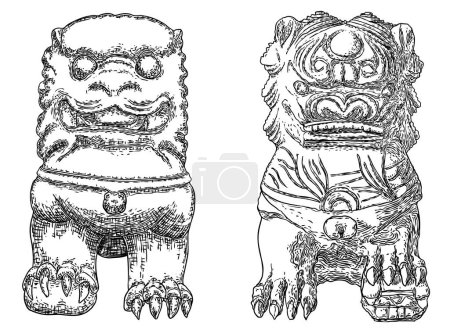 Ensemble de lions gardiens impériaux, chien foo ou chien fu en langues occidentales. Lions chinois stylisés, mâle avec une balle et femelle avec un ourson. Protéger le bâtiment des influences spirituelles nuisibles. Vecteur. 
